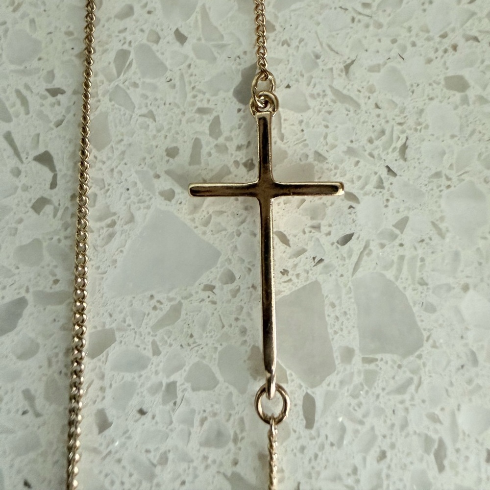 Gold Cross Pendant Necklace  Minimalist Women's Necklace 17” Chain Sideways